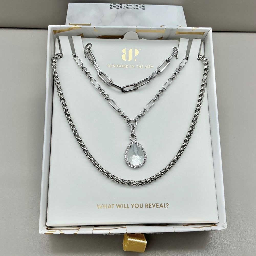 Bomb Party Necklace Let's Layer Up NK11642 Mother of Pearl Silver Luxe Layers
